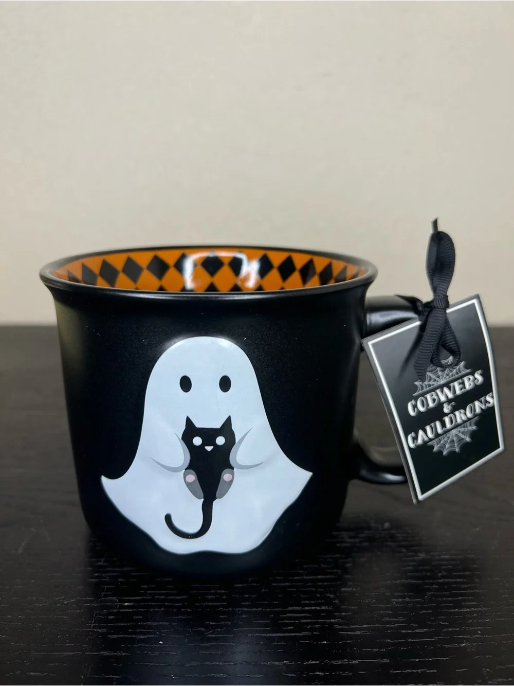 NEW Cobwebs & Cauldrons Ghost Holding Black Cat Mug
